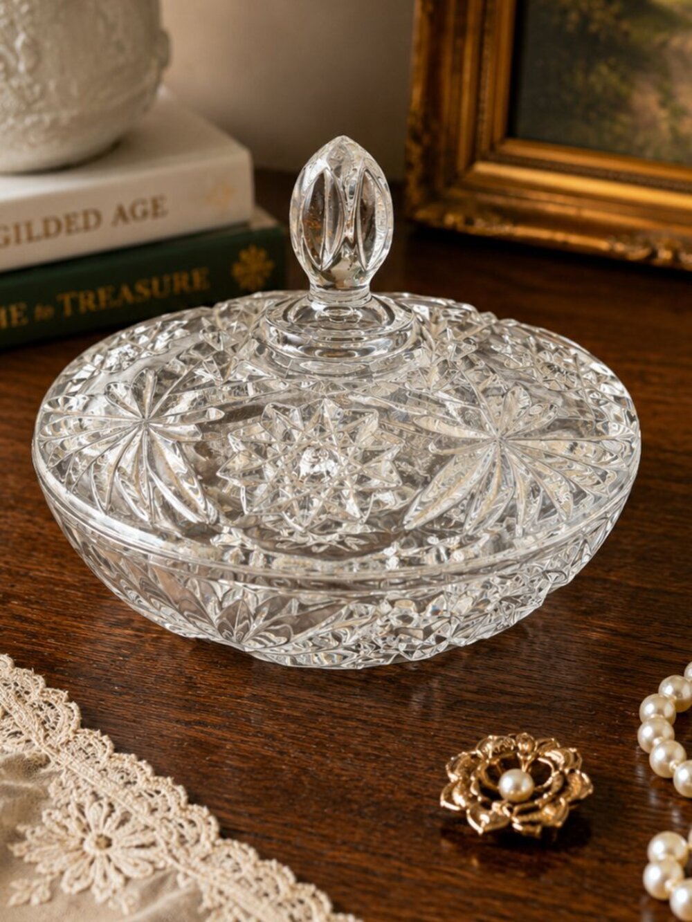 VTG 1960s Anchor Hocking Star of David Covered Candy Dish Clear Glass Trinket 7"
